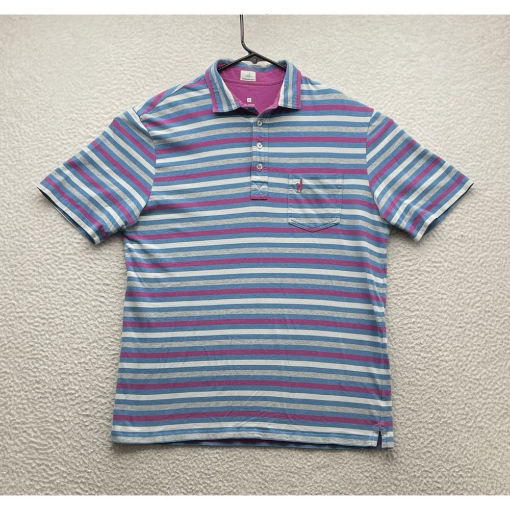 Johnnie-O Hangin Out Polo Shirt Mens Medium M Blue Pink Striped Golf Stretch